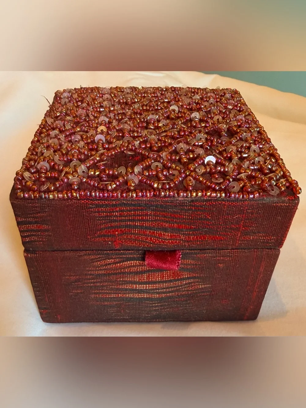 Vintage Red Beaded Jewelry Box Trinket Keepsake Box